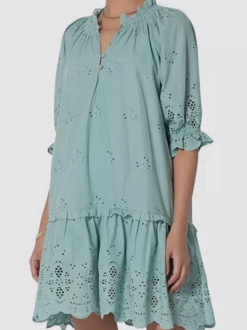 Tart Mint Green Eyelet Tiered Midi Dress Boho Cottagecore Size M
